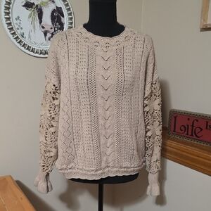 Women's Beige Lace Sleeve Sweater